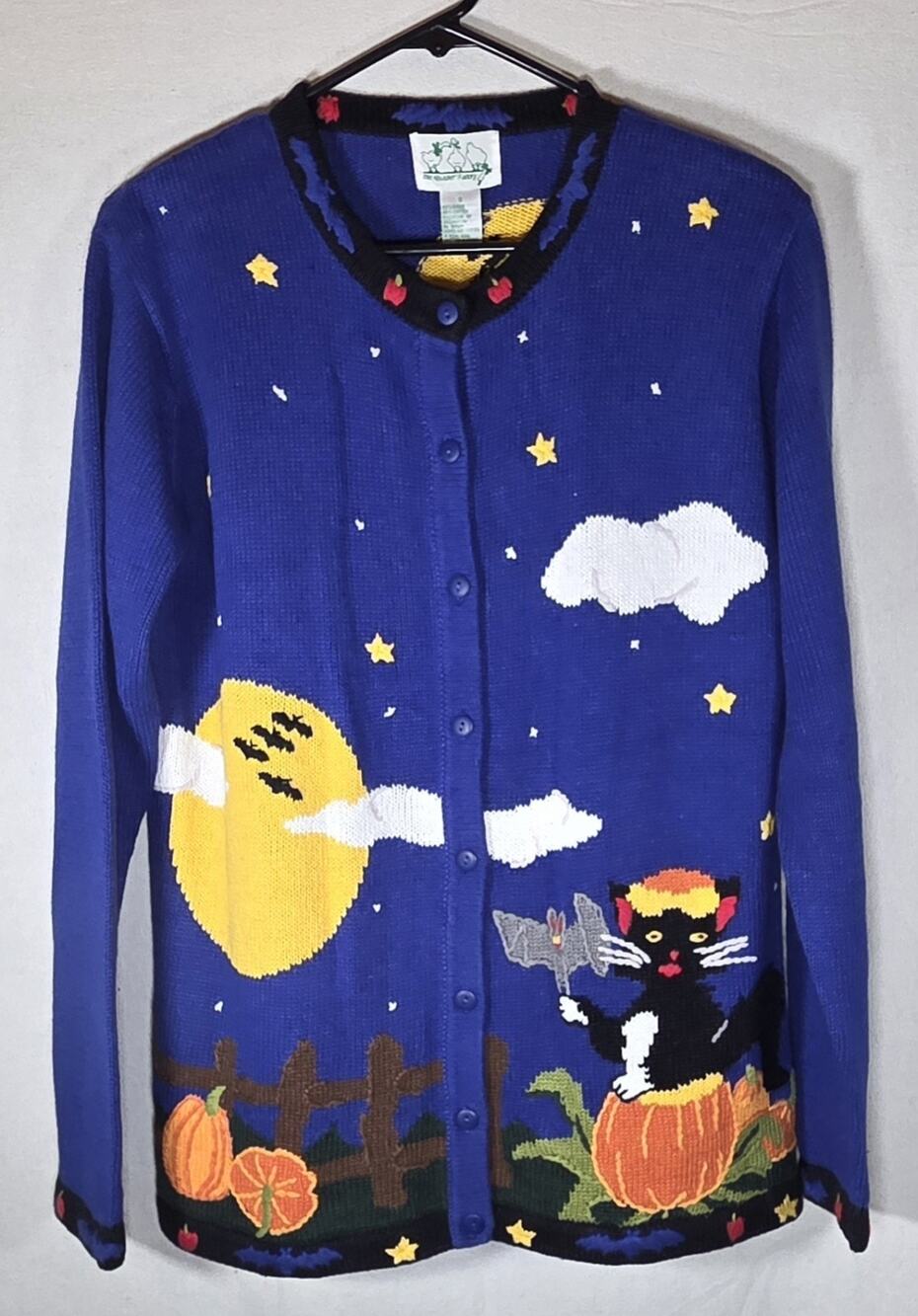 Vintage Quacker Factory Halloween Pumpkin Cat Bat Knit Cardigan Size S